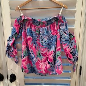 Lilly Pulitzer Pink and Blue Floral Off-the-Shoulder Blouse 3/4 Sleeve